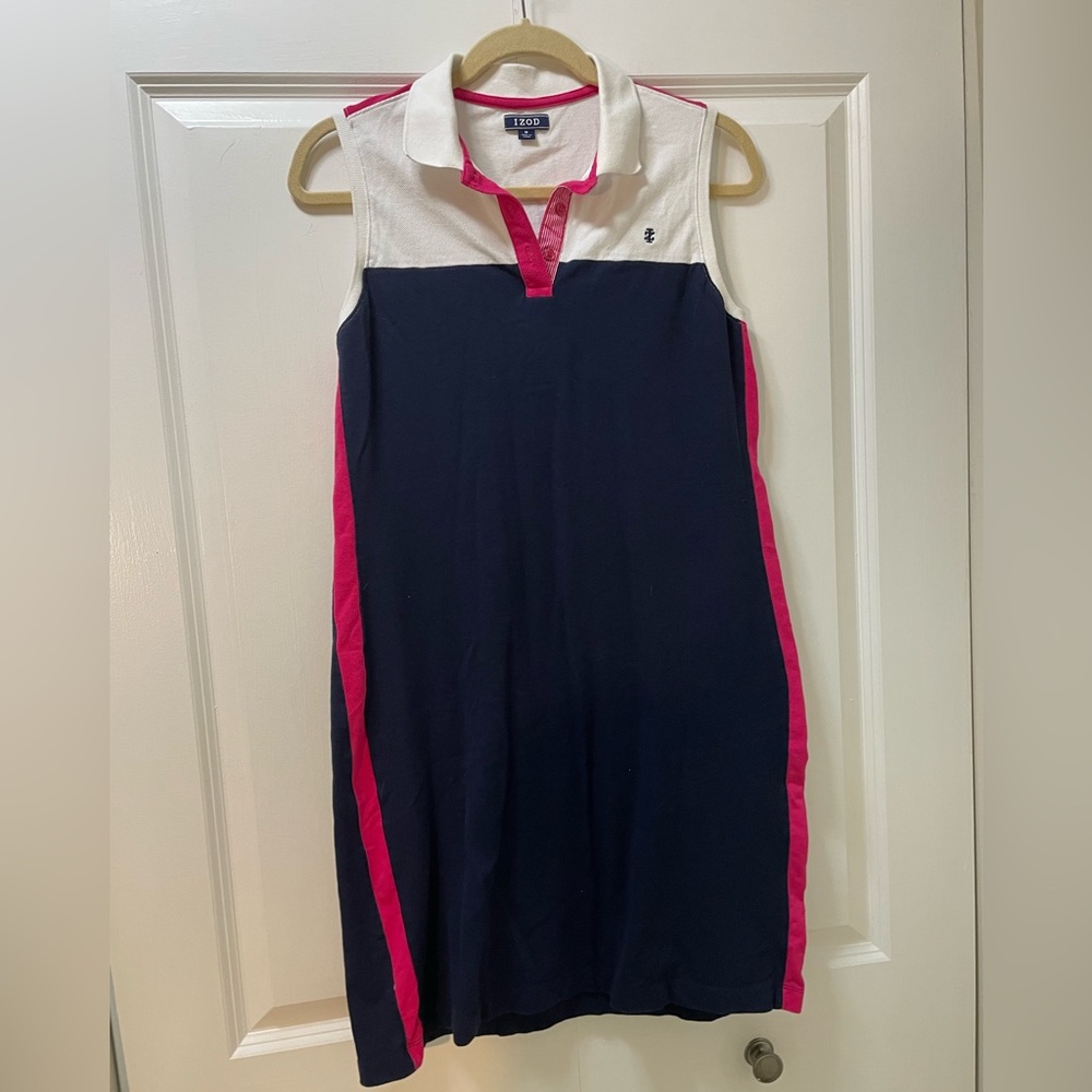 Izod Women’s Medium Classic Cotton Blend Sleeveless Dress Pink Blue White
